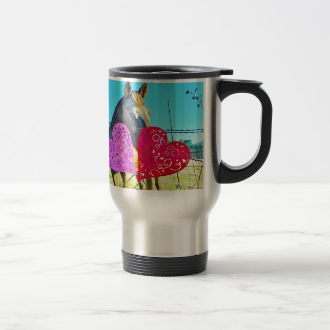 White and Brown horse Valentine Hearts Travel Mug (Right)