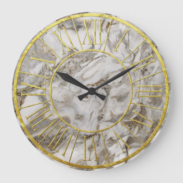 White and Brown Marble Golden Roman Numerals Large Clock (Front)