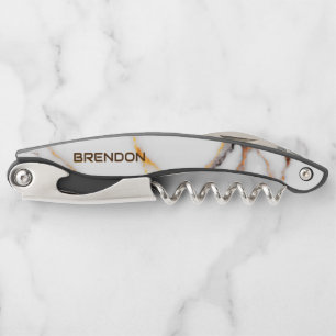 White and brown marble texture monogram waiter's corkscrew