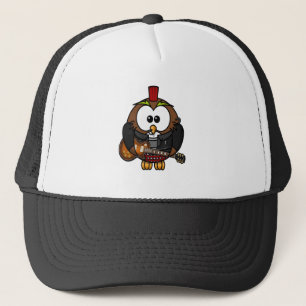 White and brown owl playing a guitar with red hat