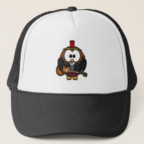 White and brown owl playing a guitar with red hat