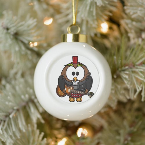 White and brown owl playing a guitar with red hat ceramic ball christmas ornament