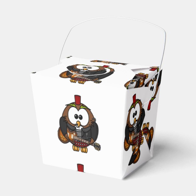White and brown owl playing a guitar with red hat favor boxes (Front Side)