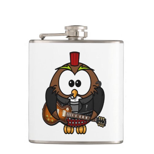 White and brown owl playing a guitar with red hat flask