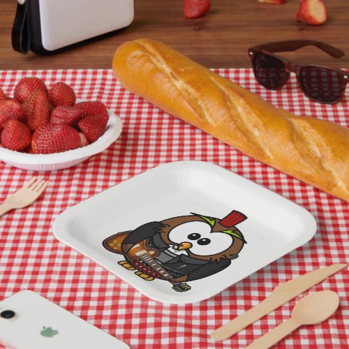 White and brown owl playing a guitar with red hat paper plates