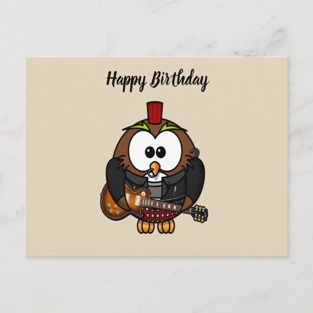 White and brown owl playing a guitar with red hat postcard (Front)