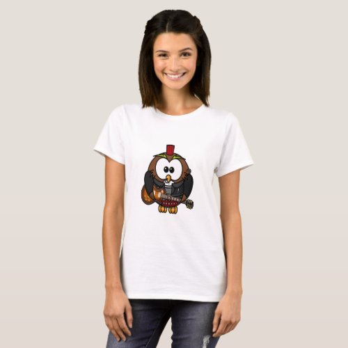 White and brown owl playing a guitar with red hat T_Shirt
