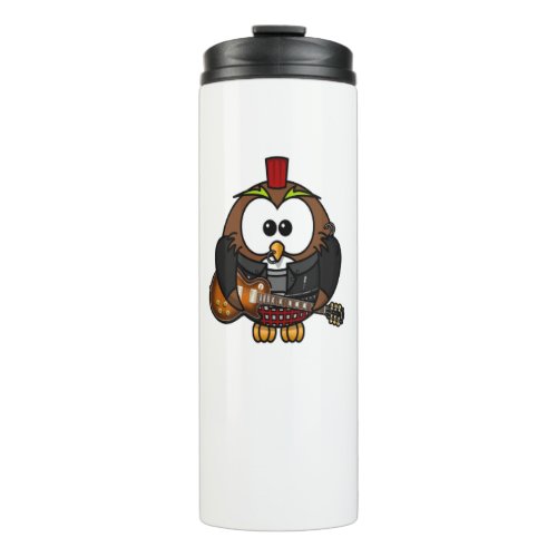 White and brown owl playing a guitar with red hat thermal tumbler