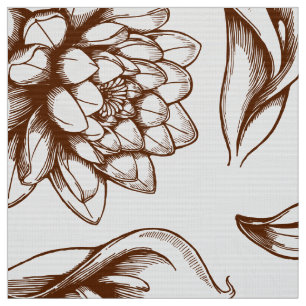 White And Brown Vintage Flowers Drawing Fabric