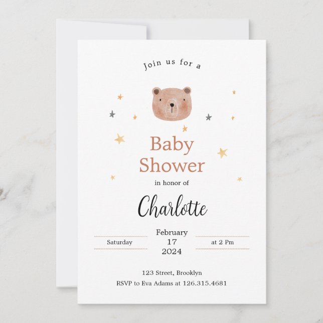 White and Brown Watercolor Cute Baby Shower Invitation (Front)