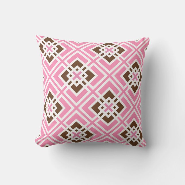 White and Bubblegum Pink & Brown Geometric Squares Throw Pillow (Front)