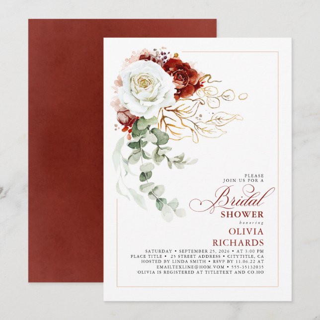 White and Burgundy Red Floral Fall Bridal Shower Invitation (Front/Back)