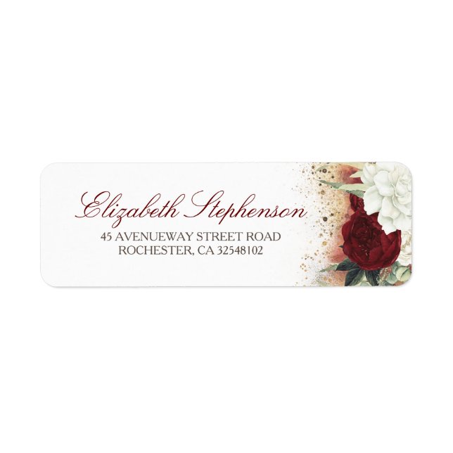 White and Burgundy Red Floral Modern Chic Label (Front)