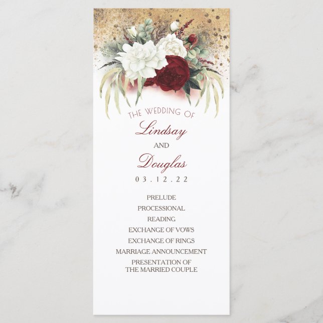 White and Burgundy Red Floral Wedding Programs (Front)