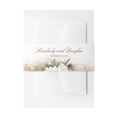 White and Burgundy Red Flowers Wedding Invitation Belly Band