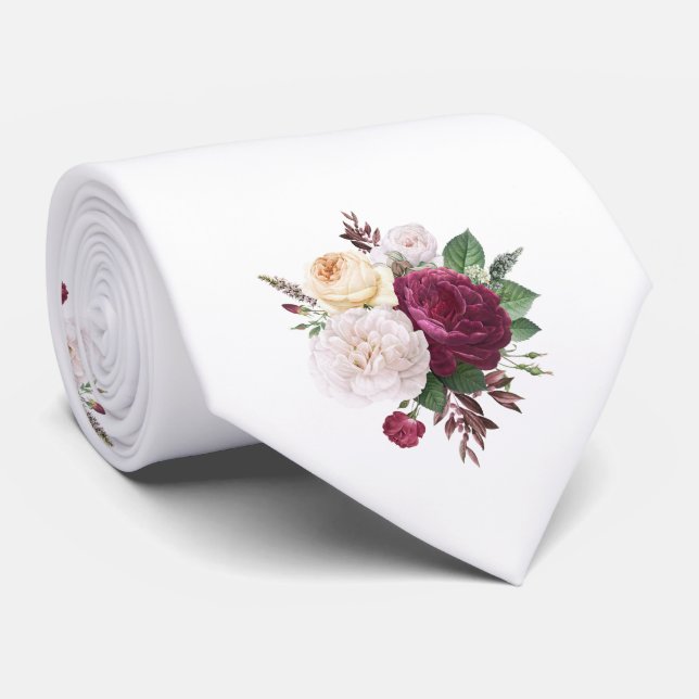 White And Burgundy Roses Wedding Neck Tie (Rolled)