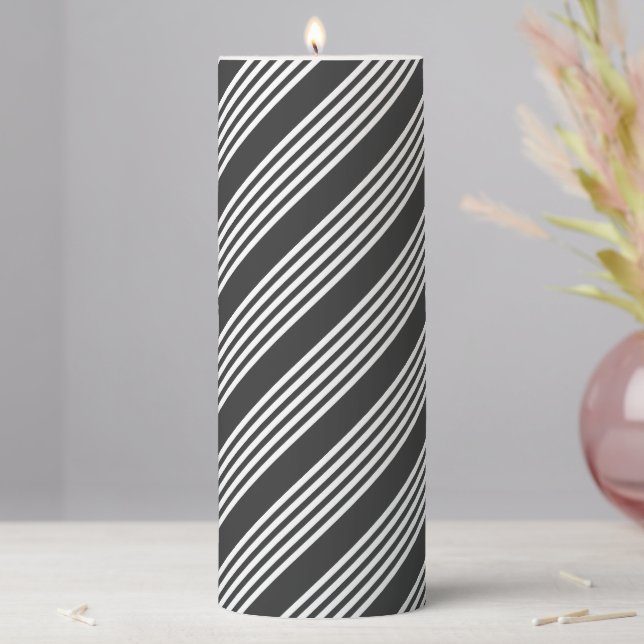 White and charcoal five stripes pattern pillar candle (In Situ)