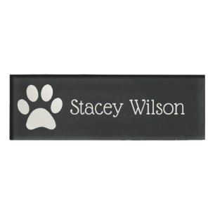 White and Charcoal Paw Print Logo Name Tag