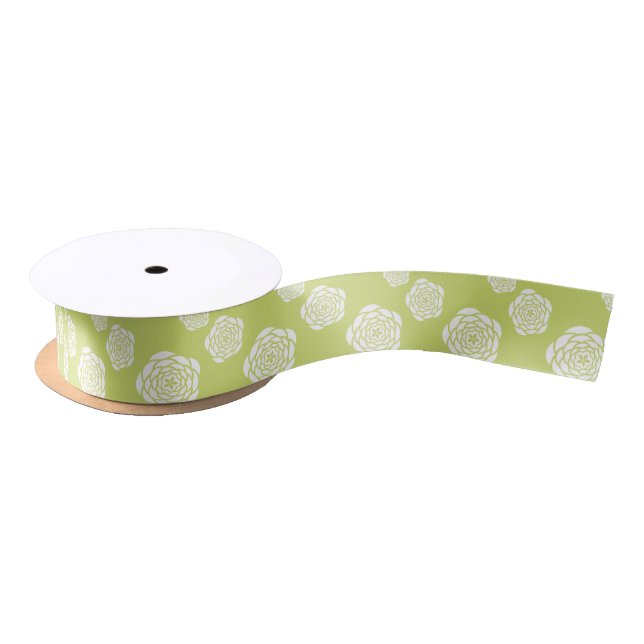 White and Chartreuse Peonies Pattern Ribbon (Spool)