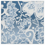 White and Classic Blue Boho Flowers  Fabric