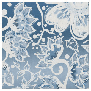 White and Classic Blue Boho Flowers  Fabric