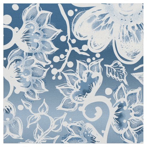 White and Classic Blue Boho Flowers  Fabric