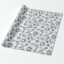 White and Classic Blue Floral Wrapping Paper