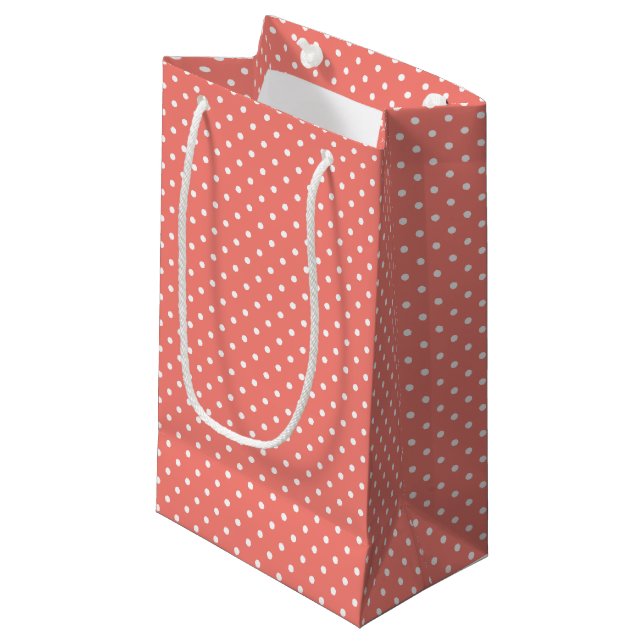 White and Coral Pink Polka Dot Pattern Small Gift Bag (Front Angled)