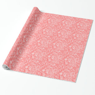 White And Coral-Red Floral Paisley Pattern Wrapping Paper