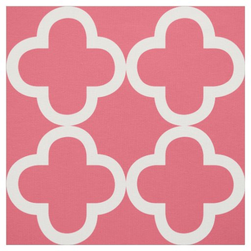 White And Coral Red Quatrefoil Geometric Pattern Fabric