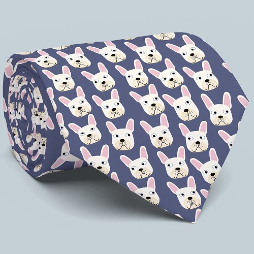 White and Cream French Bulldog Blue Neck Tie