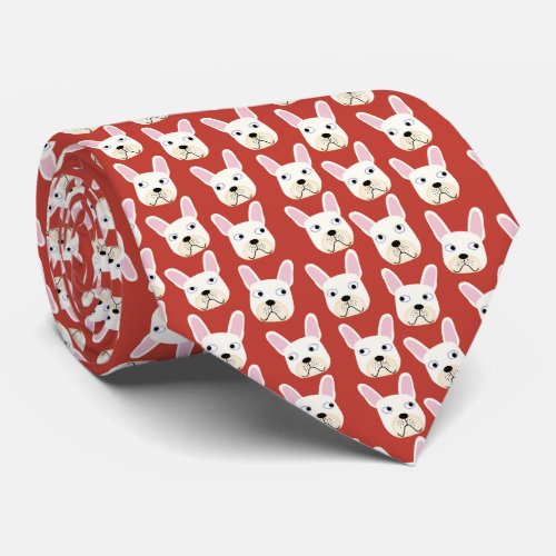 White and Cream French Bulldog Red Neck Tie