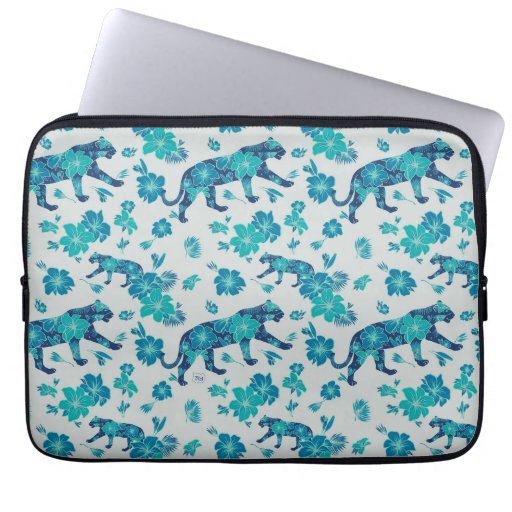 White and Cyan Floral Tiger Laptop Sleeve