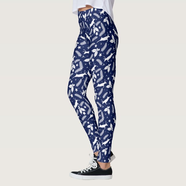White and dark blue Christmas holly & deer pattern Leggings (Left)