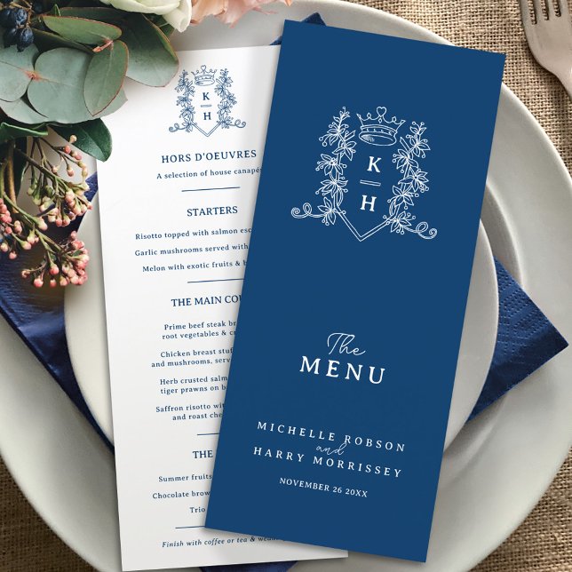 White and dark blue crown crest monogram wedding menu (Creator Uploaded)