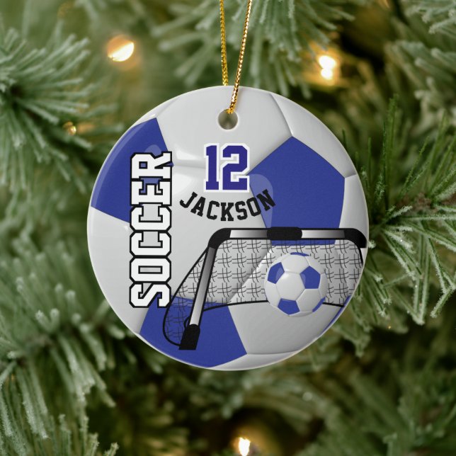 White and Dark Blue Personalize Soccer Ball Ceramic Ornament (Tree)