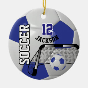 *White and Dark Blue Personalize Soccer Ball Ceramic Ornament