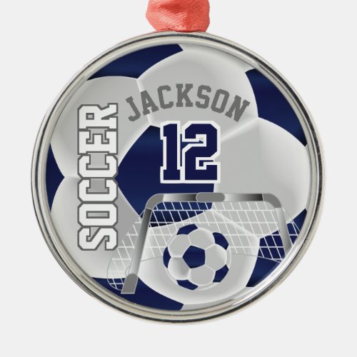 White and Dark Blue Personalize Soccer   Ball Metal Ornament