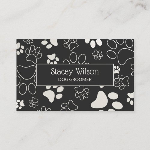 White And Dark Charcoal Pet Groomer Paw Print Business Card