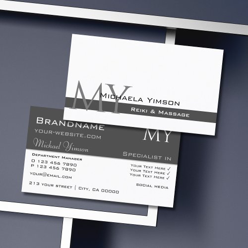 White and Dark Gray with Initials Professional Business Card