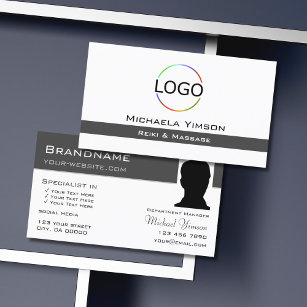 White and Dark Gray with Logo & Photo Professional Business Card