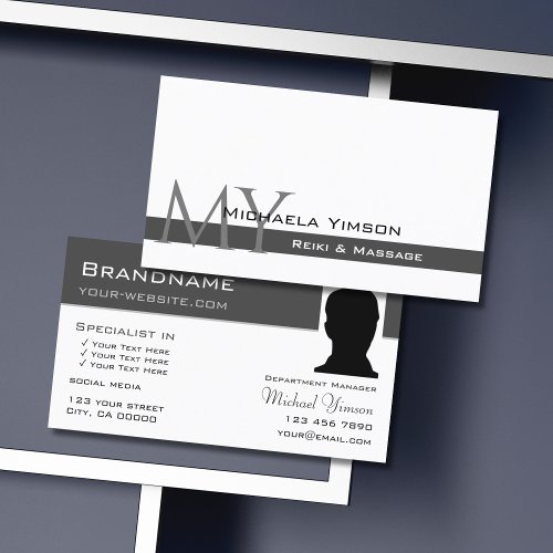 White and Dark Gray with Monogram and Photo Chic Business Card