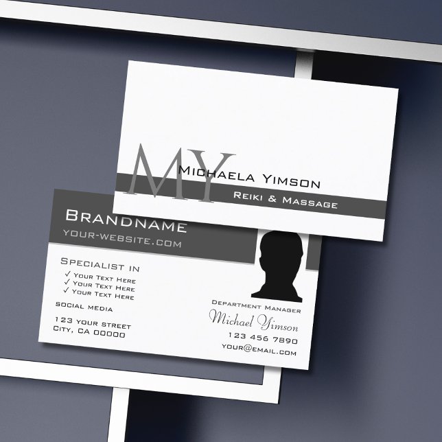 White and Dark Gray with Monogram and Photo Chic Business Card (Creator Uploaded)