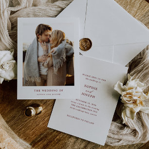 White and Dark Red Text and Photo Wedding Invitation
