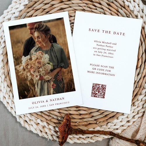 White and Dark Red Text and Photo Wedding QR Code Save The Date