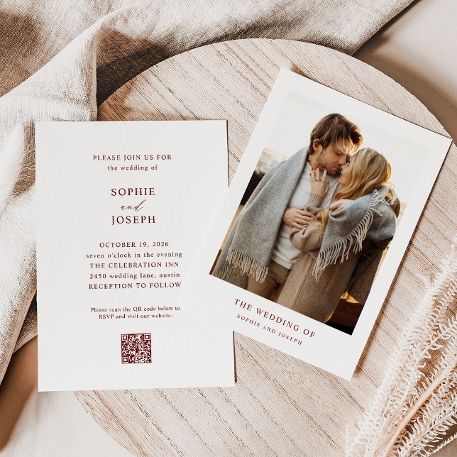 White and Dark Red Text Photo | QR Code Wedding Invitation (Creator Uploaded)