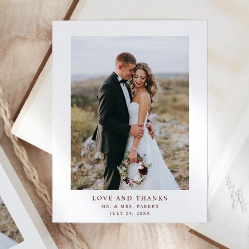 White and Dark Red Text  Photo Wedding Thank You Postcard