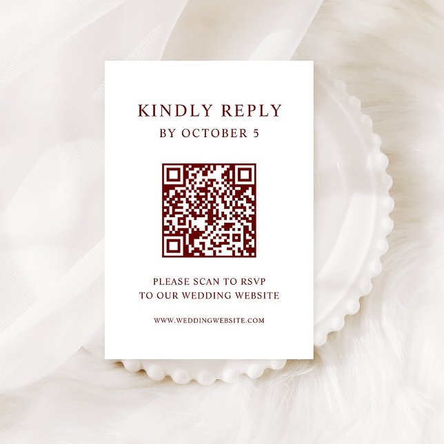 White and Dark Red Text | Wedding QR Code RSVP Card (Creator Uploaded)