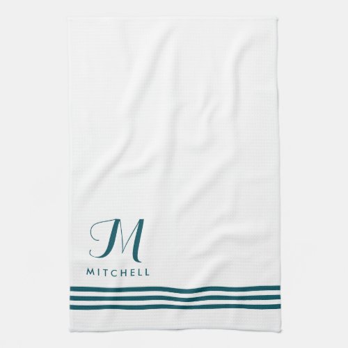 White and Dark Teal Sophisticated Stripes Monogram Kitchen Towel