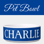 White and deep blue with a name cat or dog bowl<br><div class="desc">Treat your furry friend to a dining experience fit for royalty with this Ceramic Pet Bowl! Perfectly sized for kibble or water, this sleek and durable bowl features a glossy finish that's easy to clean and oh-so-stylish. Add a touch of personality by adding a name —because your pet deserves the...</div>